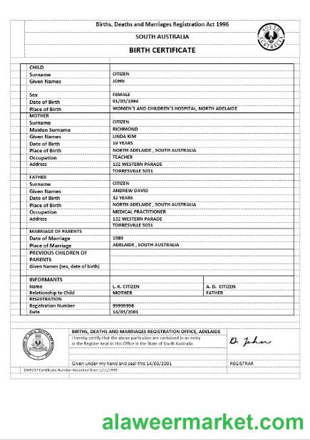 Australia South Australia birth certificate version 2